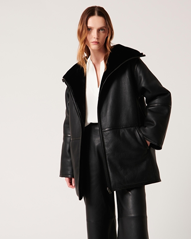 Manteau Maya Manteau en peau lain&eacute;e noir ZAPA