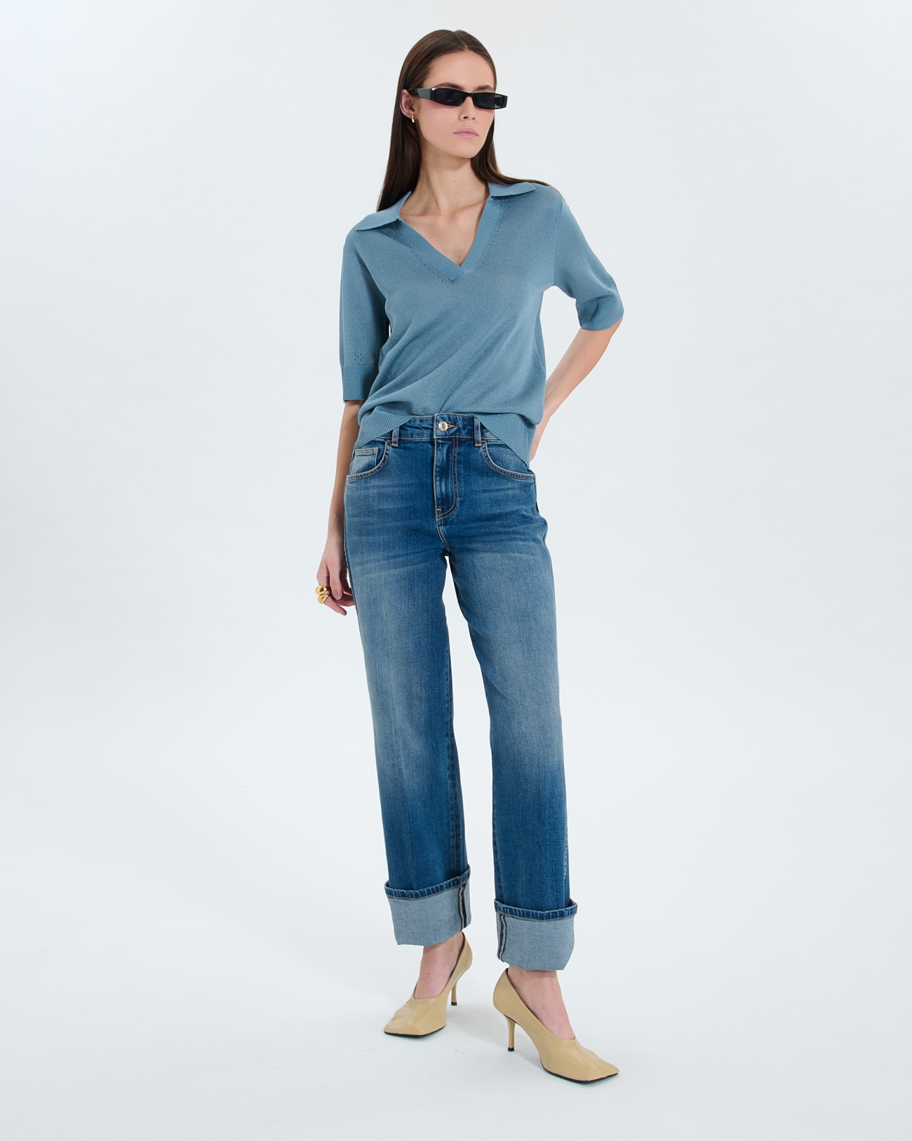 Pull Namba Pull col V &agrave; revers bleu ZAPA