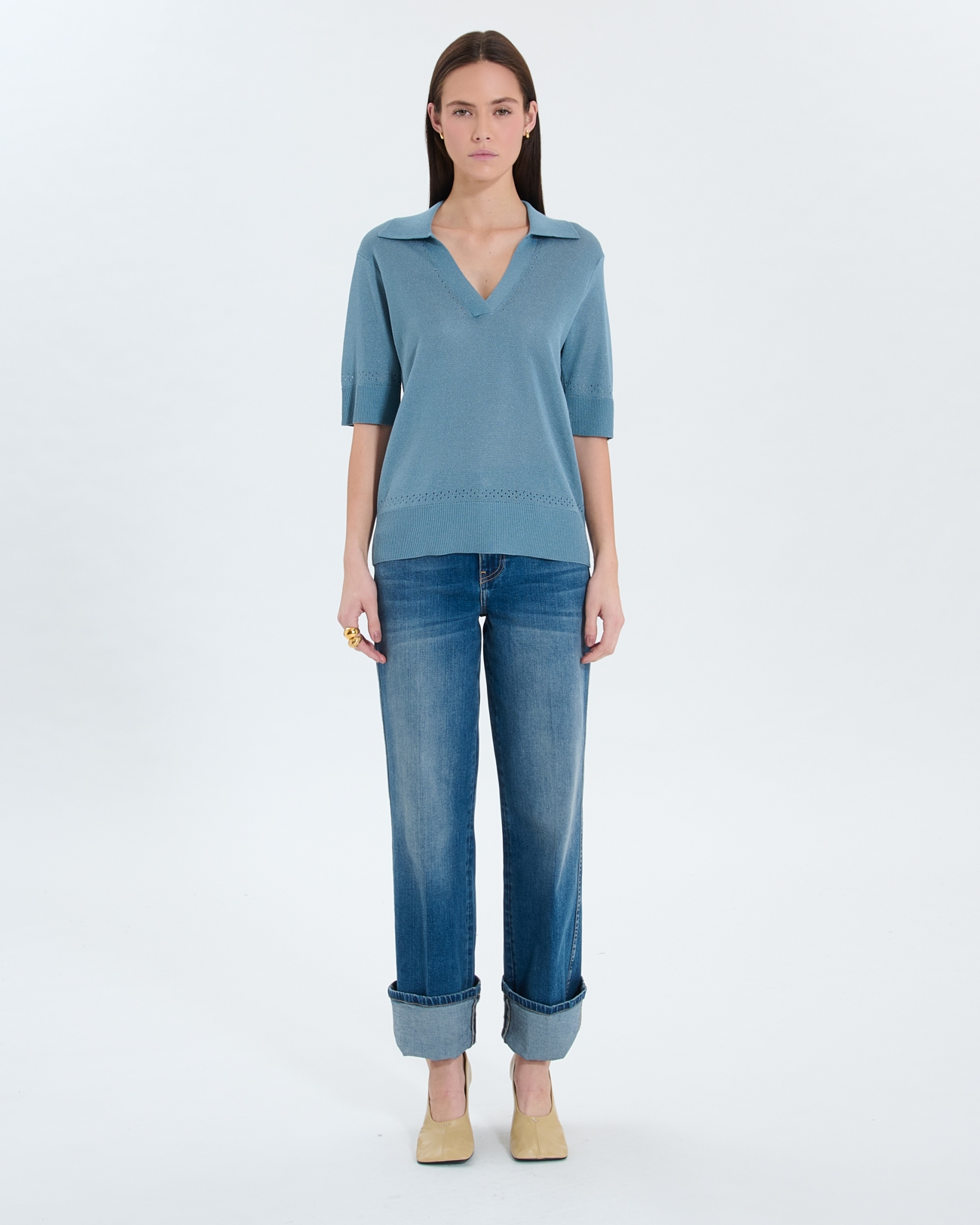 Pull Namba Pull col V &agrave; revers bleu ZAPA