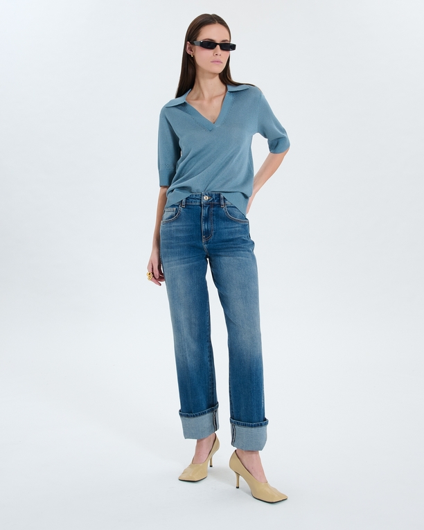 Pull Namba Pull col V à revers bleu ZAPA