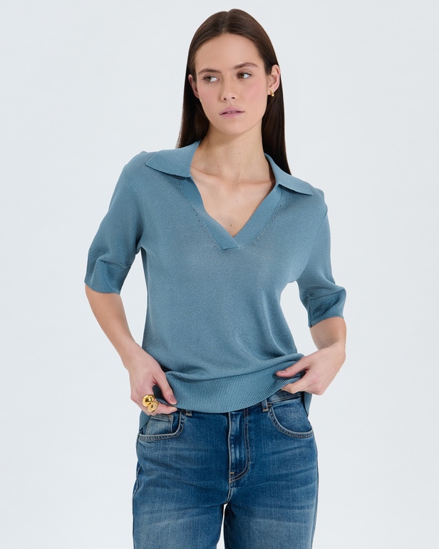 Pull Namba Pull col V &agrave; revers bleu ZAPA