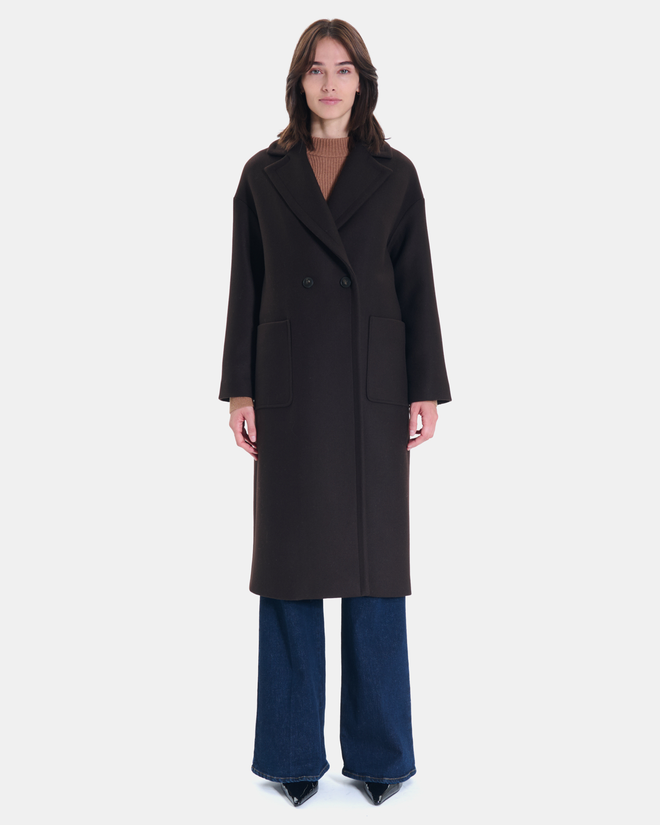 Manteau Miranda Manteau long en laine m&eacute;lang&eacute;e chocolat ZAPA