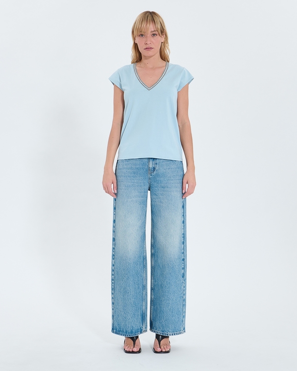 Top Tulipe Tee-shirt col V bleu ciel ZAPA
