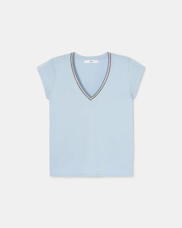 Top Tulipe Tee-shirt col V bleu ciel ZAPA