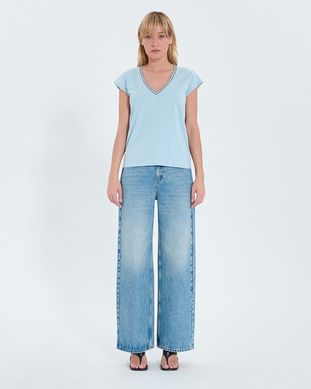 Top Tulipe Tee-shirt col V bleu ciel ZAPA