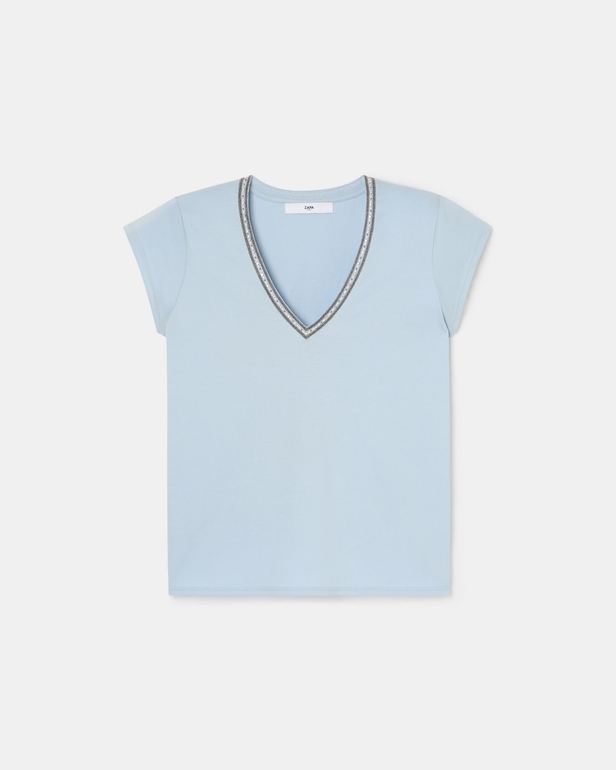 Top Tulipe Tee-shirt col V bleu ciel ZAPA