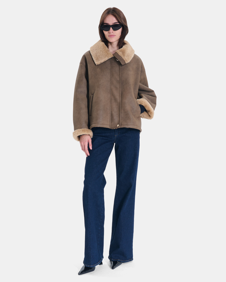 Blouson brady veste courte en su&eacute;dine kaki &agrave; col effet peau lain&eacute;e zapa