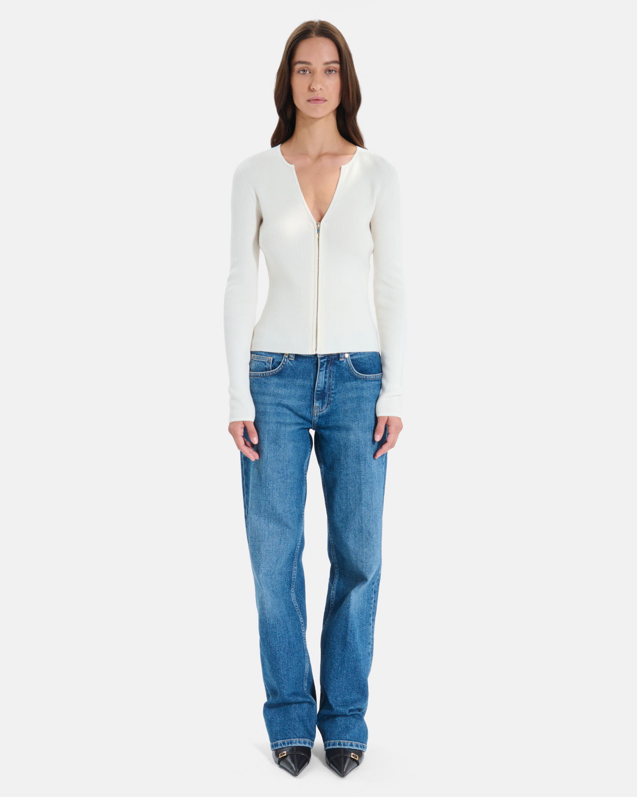 Gilet Noun Gilet zip&eacute; en maille c&ocirc;tel&eacute;e cr&egrave;me ZAPA