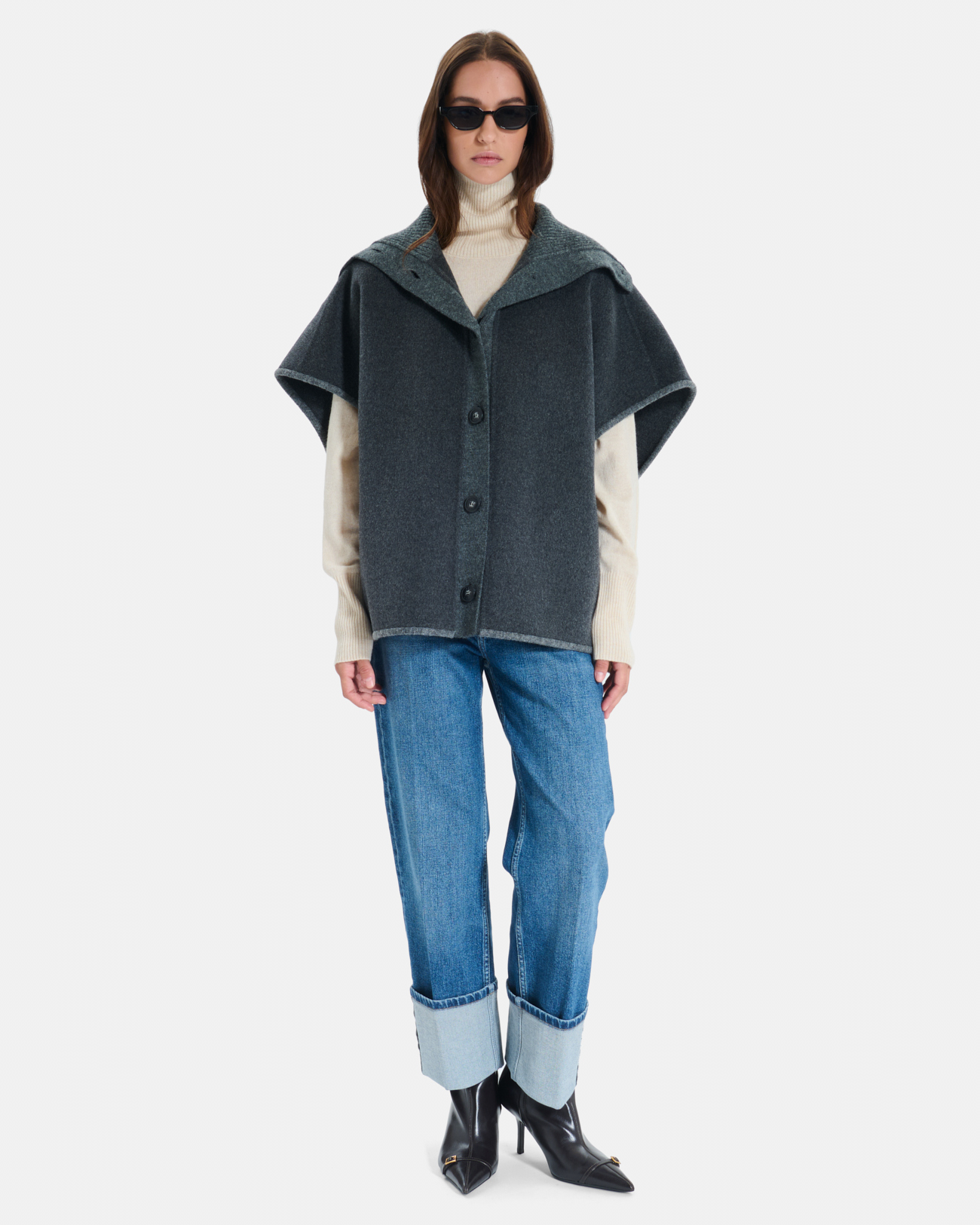 Manteau Claudia Cape en laine gris chin&eacute; &agrave; col chemise ZAPA