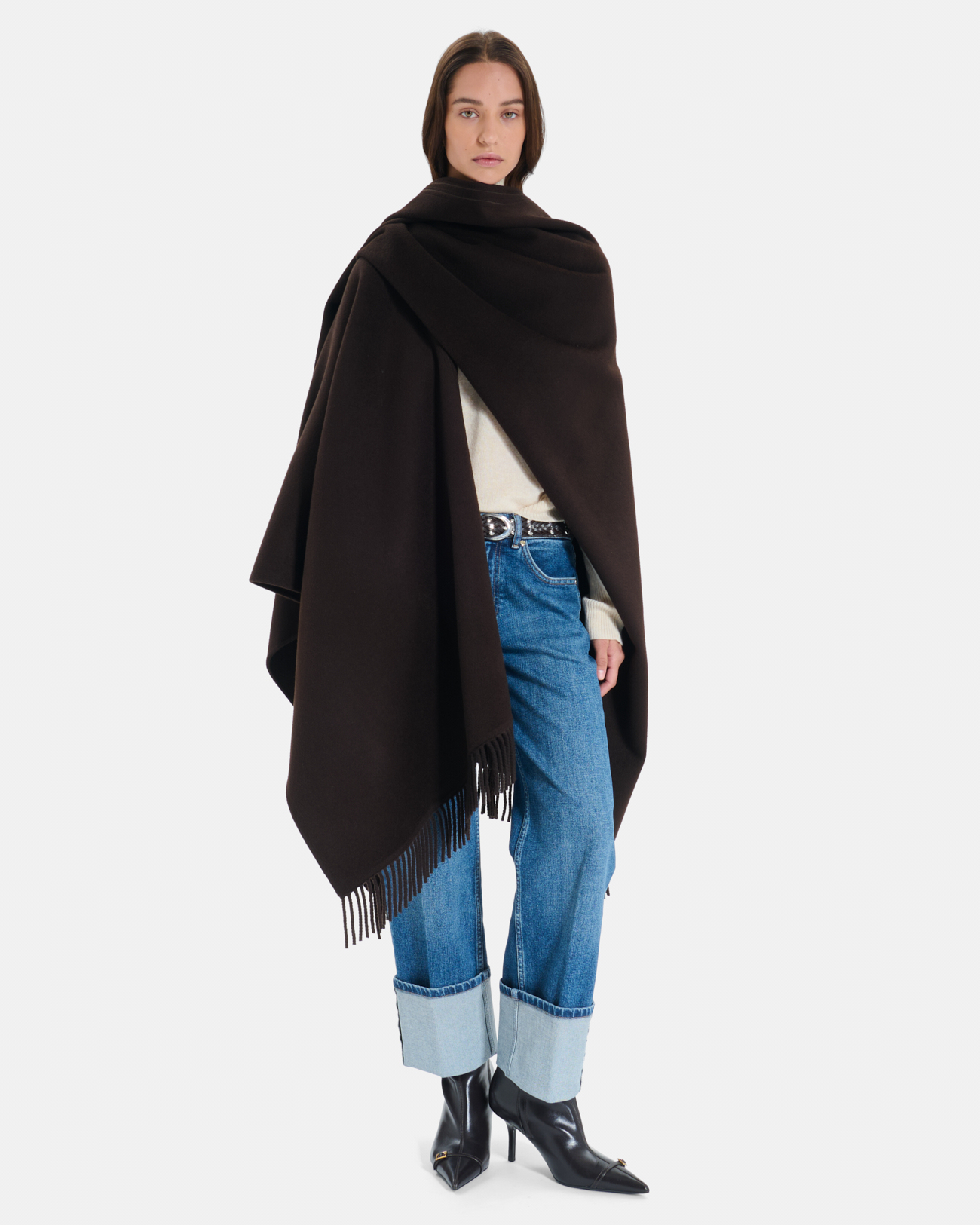 Manteau Cliff Cape en laine chocolat &agrave; franges ZAPA