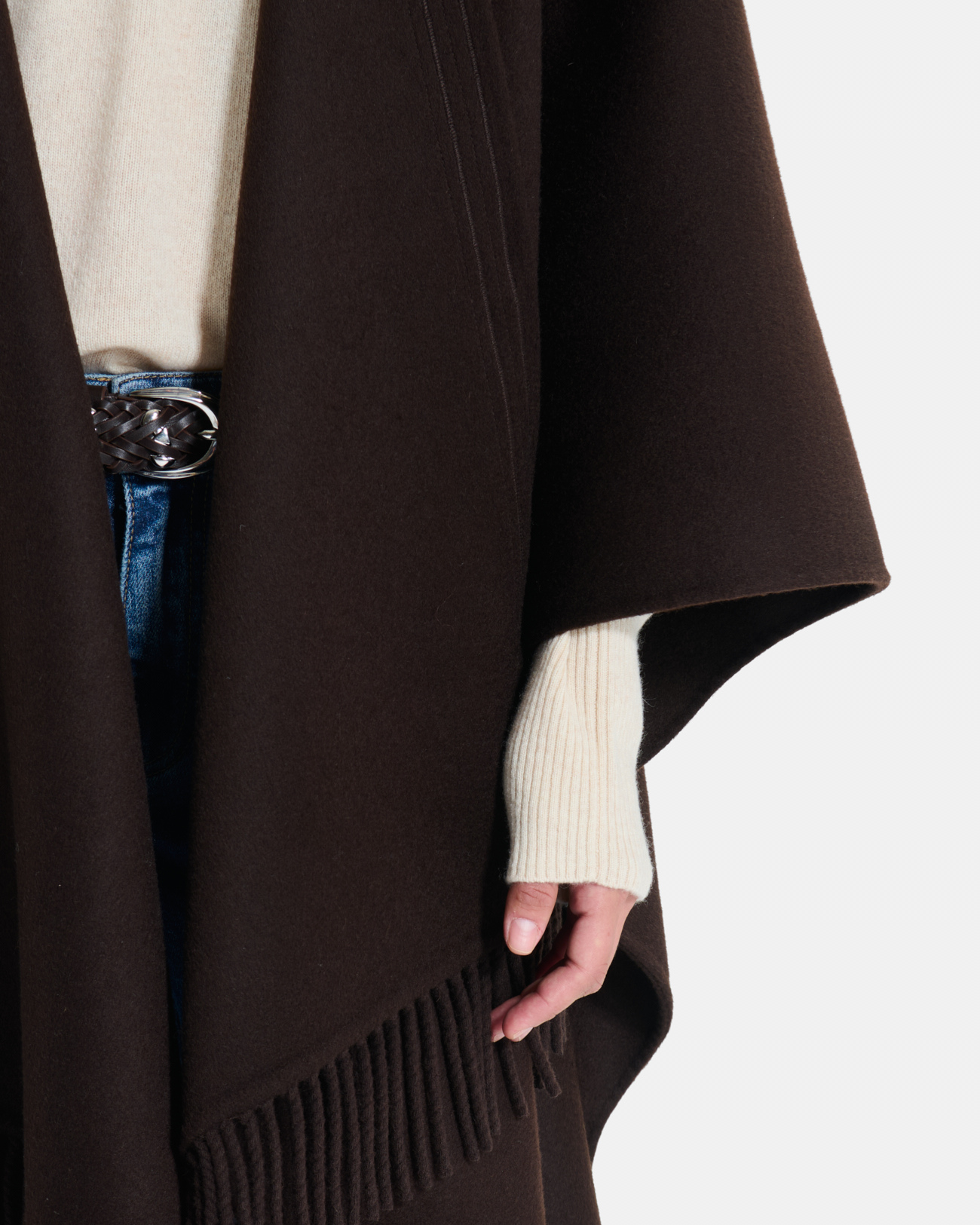 Manteau Cliff Cape en laine chocolat &agrave; franges ZAPA