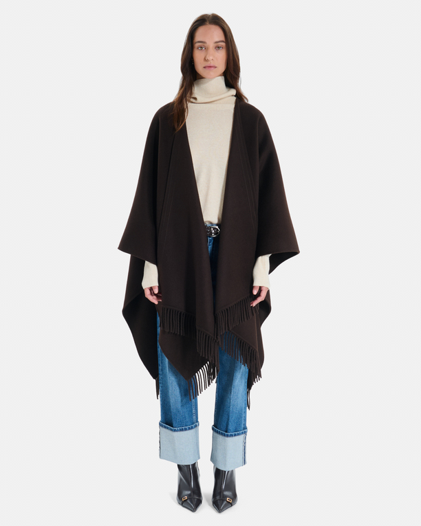 Manteau Cliff Cape en laine chocolat à franges ZAPA