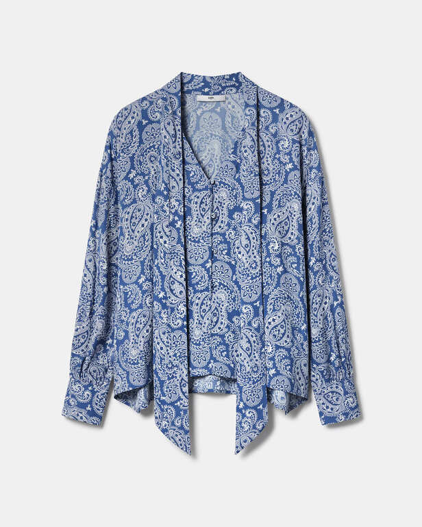 Chemise Cheryn Chemise imprim&eacute; cachemire bleu et beige &agrave; col lavalli&egrave;re ZAPA