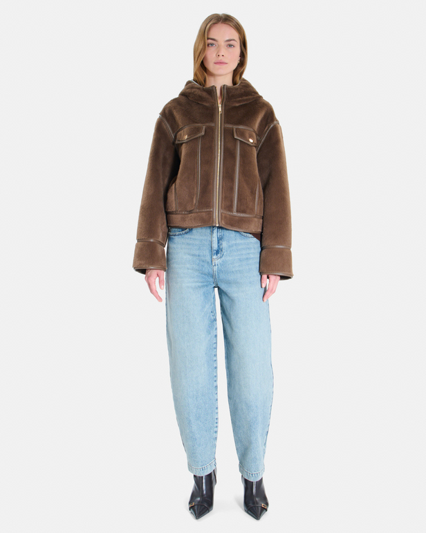 Manteau Moira Manteau court brun coupe boxy &agrave; col montant ZAPA