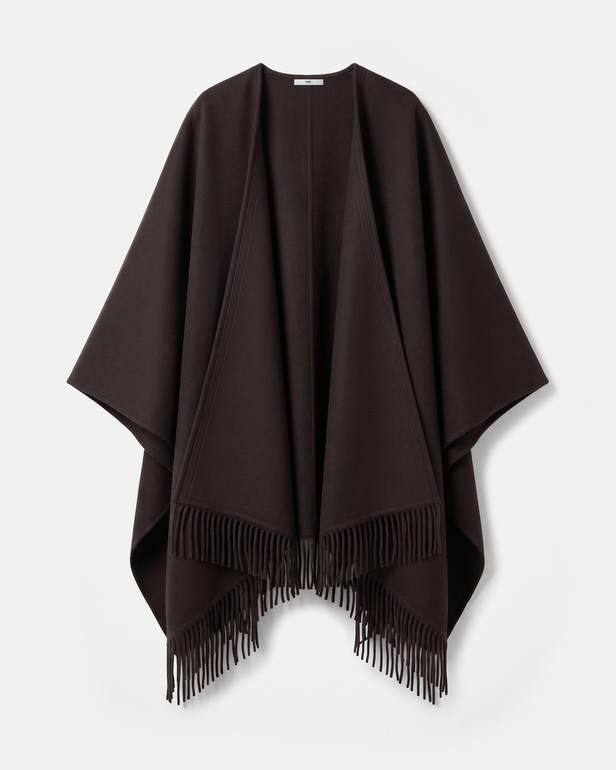Manteau Cliff Cape en laine chocolat &agrave; franges ZAPA