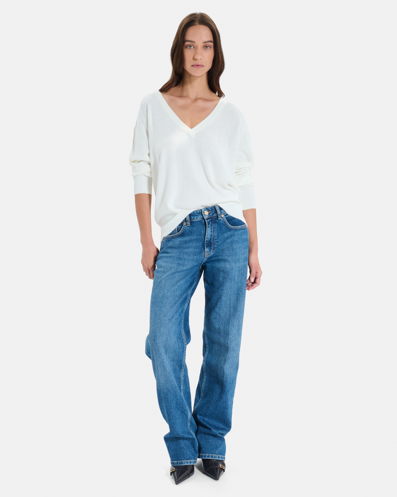 Pull Pelu Pull cr&egrave;me col en V en maille fine ZAPA