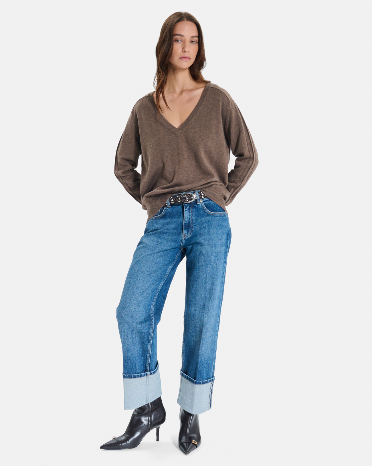 Pull Pelu Pull noisette col en V en maille fine ZAPA