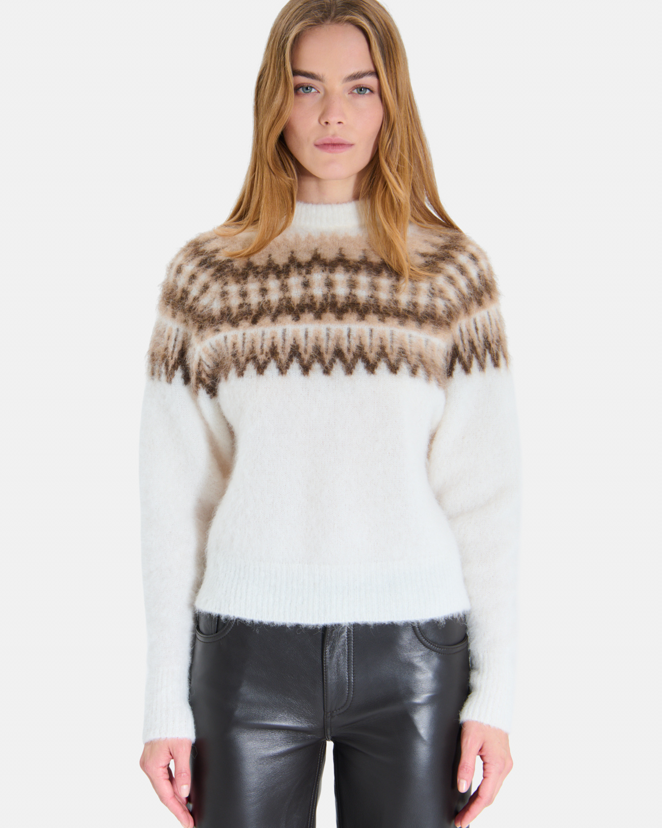 Pull Nolly Pull jacquard col rond &eacute;cru et noir en alpaga ZAPA