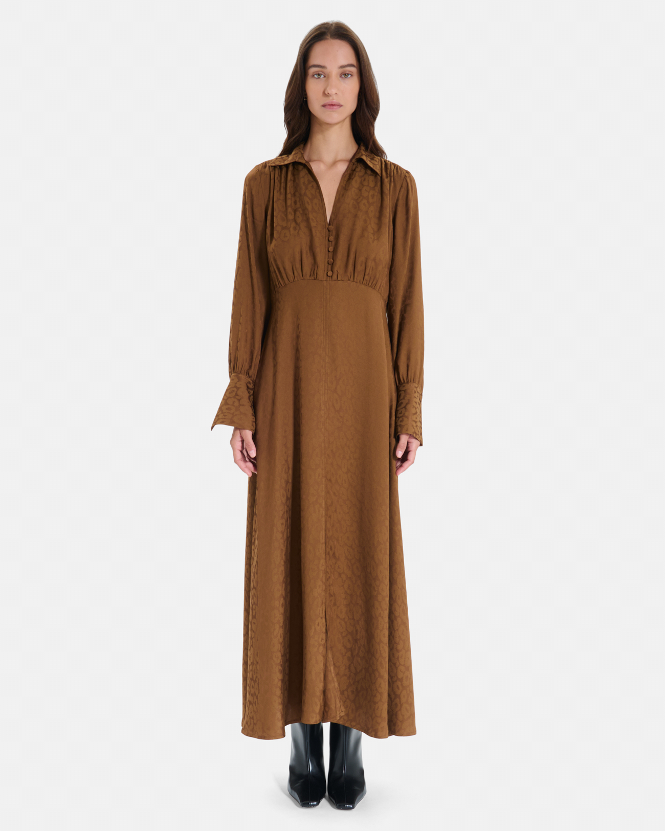Robe Ruiz Robe midi tabac &agrave; manches longues et col V ZAPA
