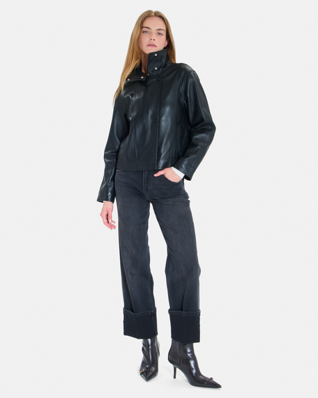 Veste moana manteau court en cuir noir zapa