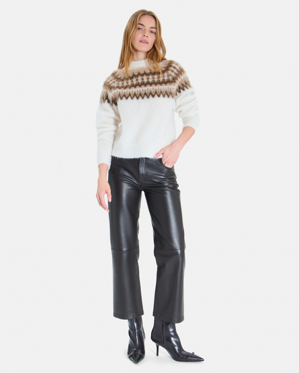 Pull Nolly Pull jacquard col rond &eacute;cru et noir en alpaga ZAPA