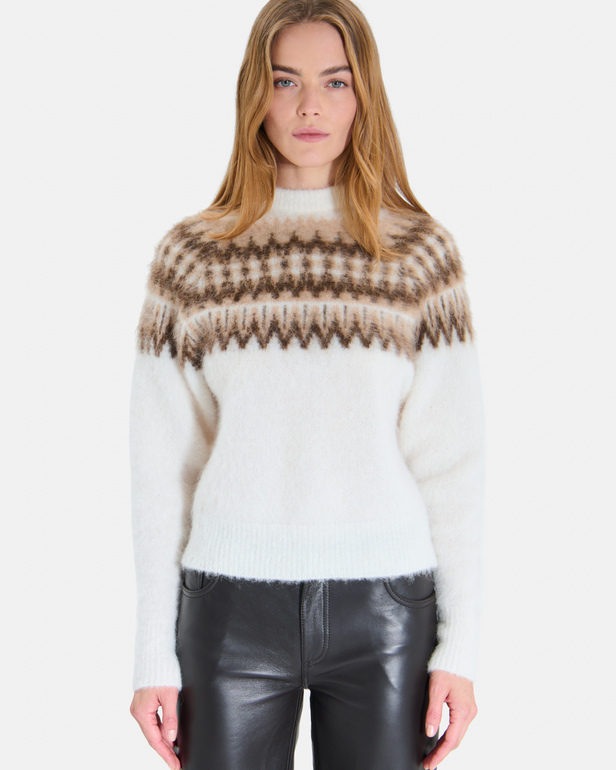 Pull Nolly Pull jacquard col rond &eacute;cru et noir en alpaga ZAPA